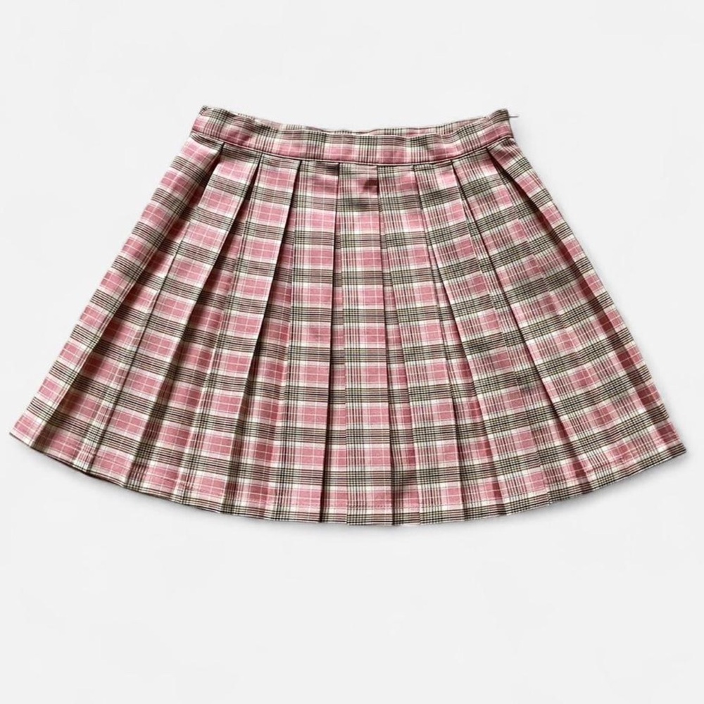 CALI1850 Plaid Pleated Mini Skirt | M | Pink & Tan